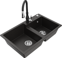 Mexen Tomas žulový drez 2-komorový s kuchynskou batériou Savita, čierny/zlatý metalik - 6516-75-672601-70