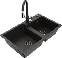 Mexen Tomas žulový dvojkomorový drez s kuchynskou batériou Savita, čierno/zlatý metalický - 6516-75-672601-70-B