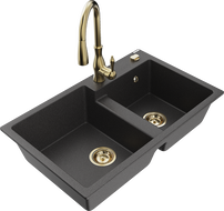 Mexen Tomas žulový drez dvojdrez s kuchynskou batériou Savita, čierny škvrnitý - 6516-76-672601-50