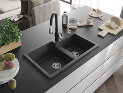 Mexen Tomas žulový drez s 2-komorami s kuchynskou batériou Savita, čierny škvrnitý - 6516-76-672601-70