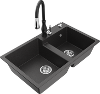 Mexen Tomas žulový drez s 2-komorami s kuchynskou batériou Savita, čierny škvrnitý - 6516-76-672601-70