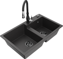 Mexen Tomas žulový drez s 2 komorami a kuchynskou batériou Savita, čierny škvrnitý - 6516-76-672601-70-B