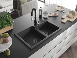 Mexen Tomas žulový drez s 2 komorami a kuchynskou batériou Savita, čierny škvrnitý - 6516-76-672601-70-B