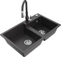 Mexen Tomas žulový drez s 2 komorami a kuchynskou batériou Savita, čierny s bodkami - 6516-76-672601-76