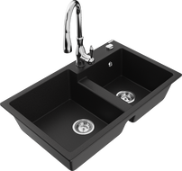 Mexen Tomas granitový drez 2-komorový s kuchynskou batériou Savita, čierny - 6516-77-672601-00