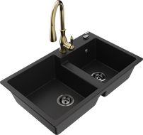 Mexen Tomas granitový dvojkomorový drez s kuchynskou batériou Savita, čierny - 6516-77-672601-50-B