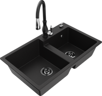 Mexen Tomas dvojkomorový granitový drez s kuchynskou batériou Savita, čierny - 6516-77-672601-70-B