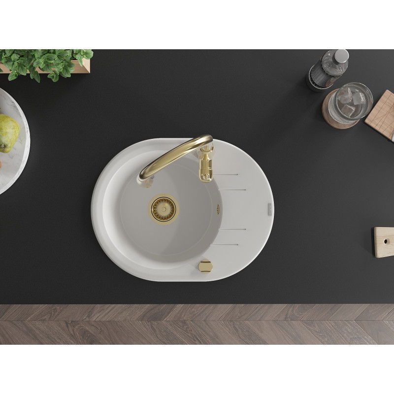 Mexen Kevin granitový drez 1-komorový s odkvapkávačom a kuchynskou batériou Savita, biely - 6517-20-672601-50