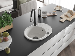 Mexen Kevin granitový drez 1-komorový s odkvapkávačom a kuchynskou batériou Savita, biely - 6517-20-672601-70