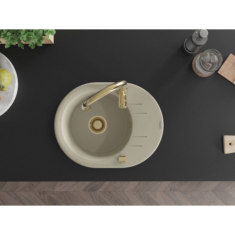 Mexen Kevin granitový drez 1-komorový s odkvapkávacou plochou a kuchynskou batériou Savita, béžový - 6517-69-672601-50