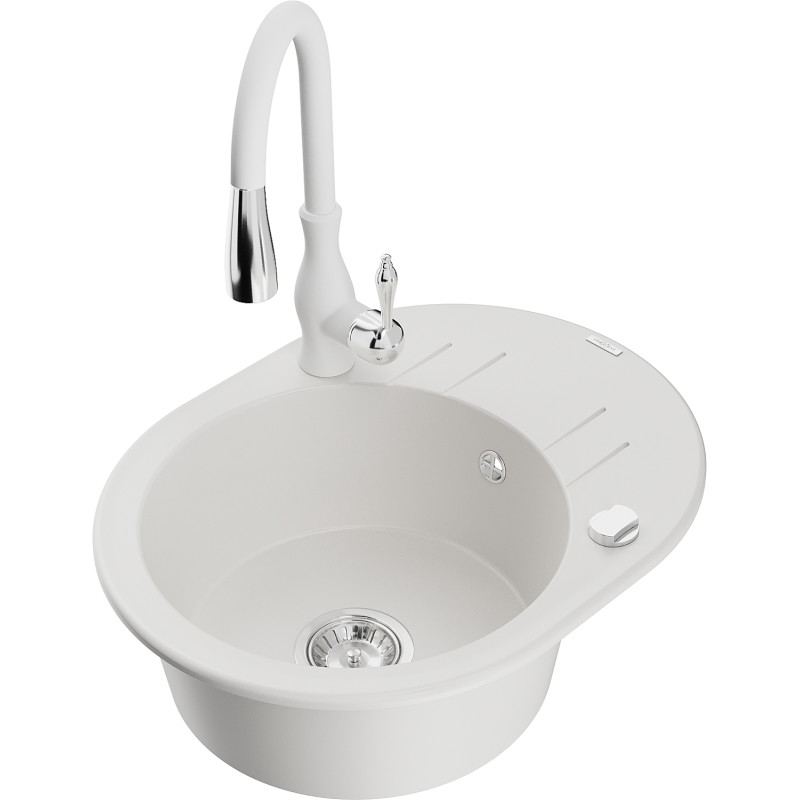 Mexen Kevin granitový drez 1-komorový s odkvapávačom a kuchynskou batériou Savita, biely - 6517-20-672601-20