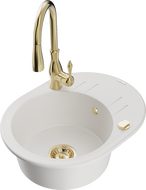 Mexen Kevin granitový drez 1-komorový s odkvapkávačom a kuchynskou batériou Savita, biely - 6517-20-672601-50