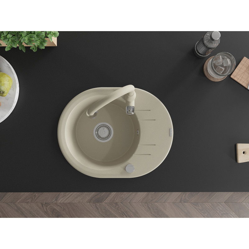 Mexen Kevin granitový drez 1-komorový s odkvapkávačom a kuchynskou batériou Savita, béžový - 6517-69-672601-69