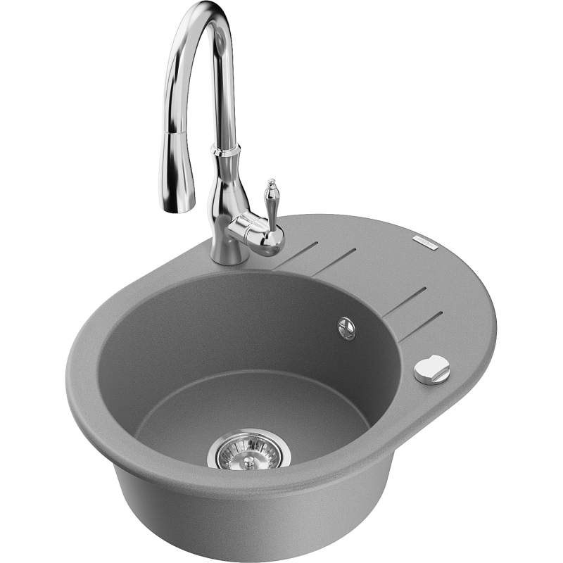 Mexen Kevin jednovrstvový žulový drez s odkvapkávacou plochou a kuchynskou batériou Savita, sivý - 6517-71-672601-00