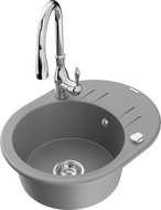 Mexen Kevin jednovrstvový žulový drez s odkvapkávacou plochou a kuchynskou batériou Savita, sivý - 6517-71-672601-00