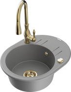 Mexen Kevin granitový drez 1-komorový s odkvapkávačom a kuchynskou batériou Savita, šedý - 6517-71-672601-50