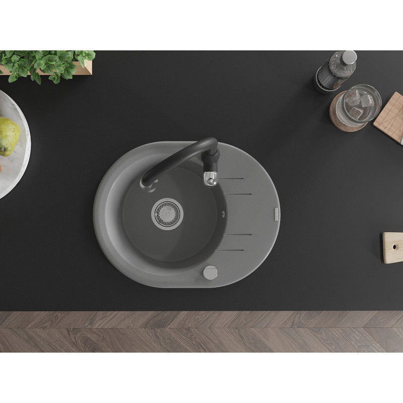 Mexen Kevin žulový drez jednodrezový s odkvapkávacou plochou a kuchynskou batériou Savita, šedá - 6517-71-672601-70