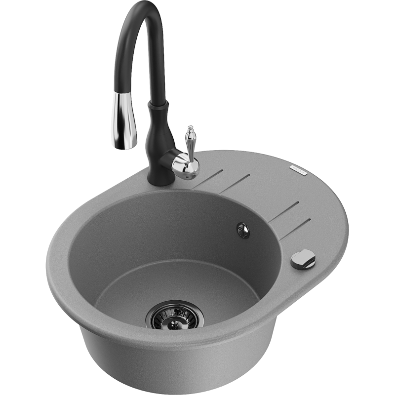 Mexen Kevin žulový drez s 1-komorou, odkvapkávačom a kuchynskou batériou Savita, sivý - 6517-71-672601-70-B