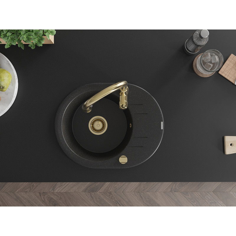 Mexen Kevin granitový kuchynský drez s 1 komorou a odkvapkávačom a kuchynskou batériou Savita, čierna/strieborný metalík