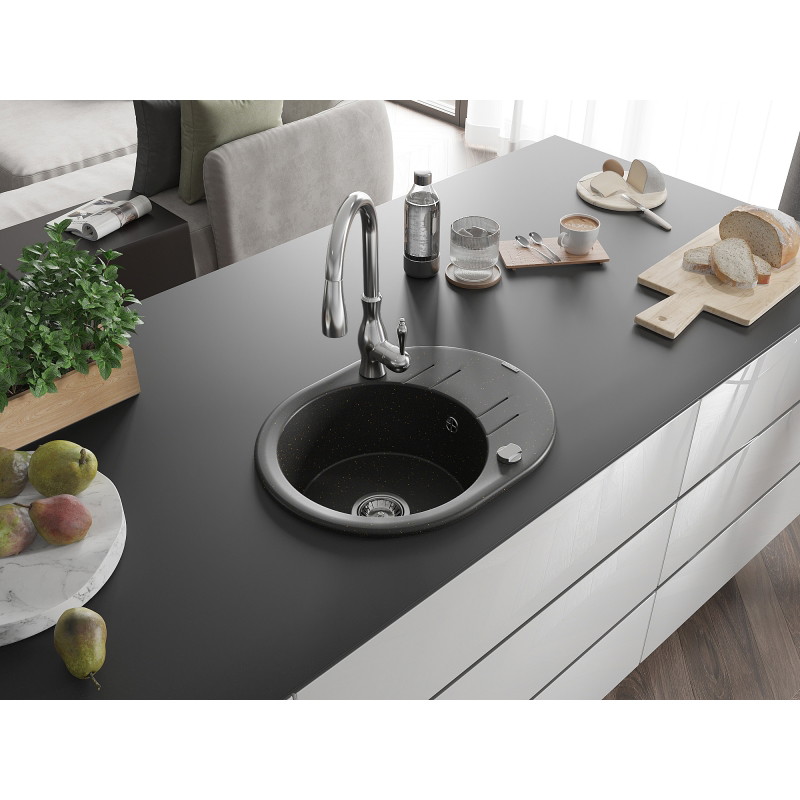 Mexen Kevin jednokomorový granitový drez s odkvapkávacou plochou a kuchynskou batériou Savita, čierny/zlatý metalický
