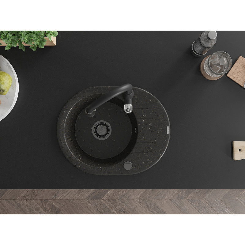 Mexen Kevin žulový drez s 1 komorou s odkvapkávačom a kuchynskou batériou Savita, čierny/zlatý metalický - 6517-75-672601-70-B