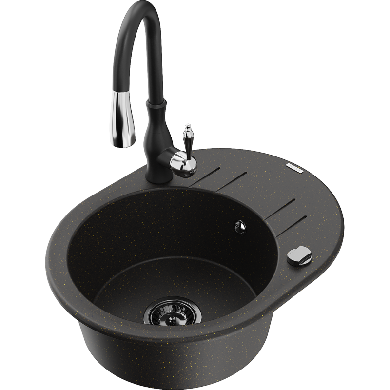 Mexen Kevin žulový drez s 1 komorou s odkvapkávačom a kuchynskou batériou Savita, čierny/zlatý metalický - 6517-75-672601-70-B