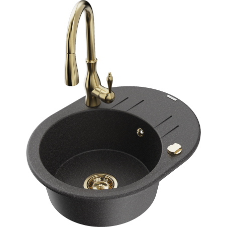 Mexen Kevin granitový drez s 1 komorou, odkvapkávačom a kuchynskou batériou Savita, čierny škvrnitý - 6517-76-672601-50