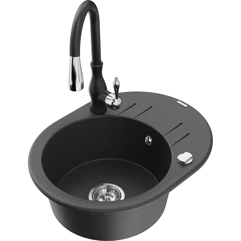 Mexen Kevin žulový jednokomorový drez s odkvapkávačom a kuchynskou batériou Savita, čierny škvrnitý - 6517-76-672601-70