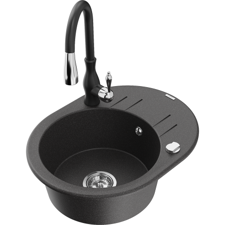 Mexen Kevin žulový jednokomorový drez s odkvapkávačom a kuchynskou batériou Savita, čierny škvrnitý - 6517-76-672601-70