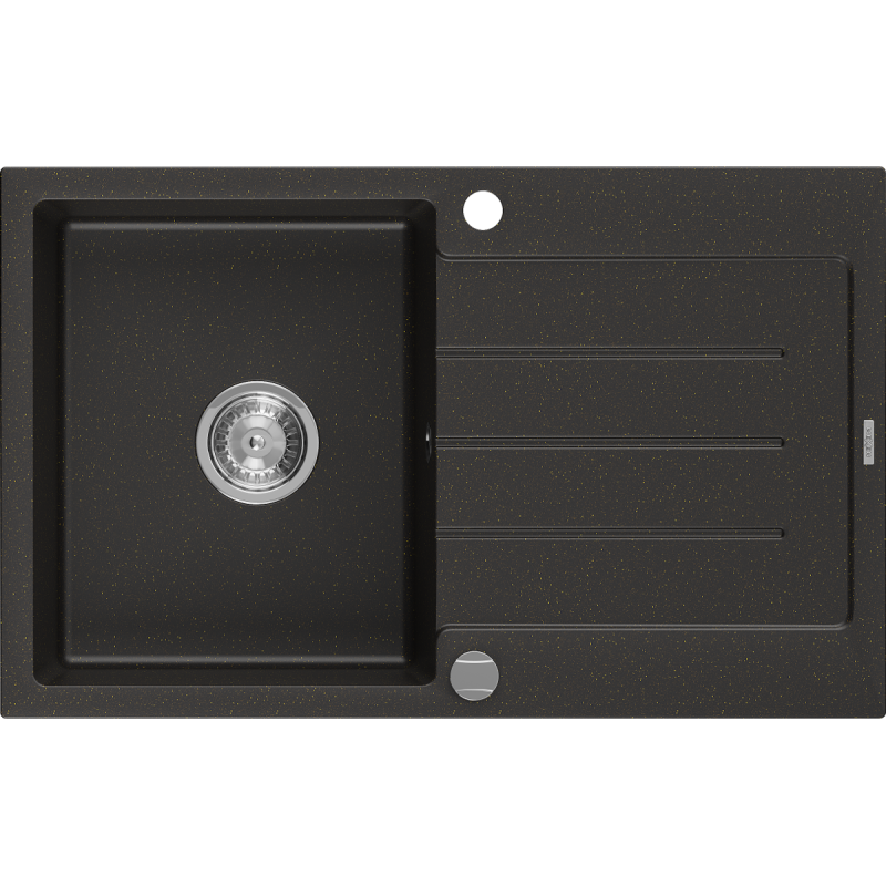 Mexen Bruno granitový drez s 1 komorou s odkvapkávačom 795 x 495 mm, čierny/zlatý metalický, chrómový sifón