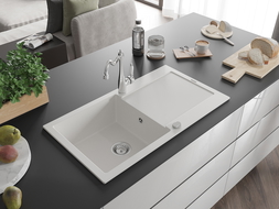 Mexen Leo granitový drez 1-komorový s odkvapkávačom a kuchynskou batériou Carla, biely - 6501-20-670700-00