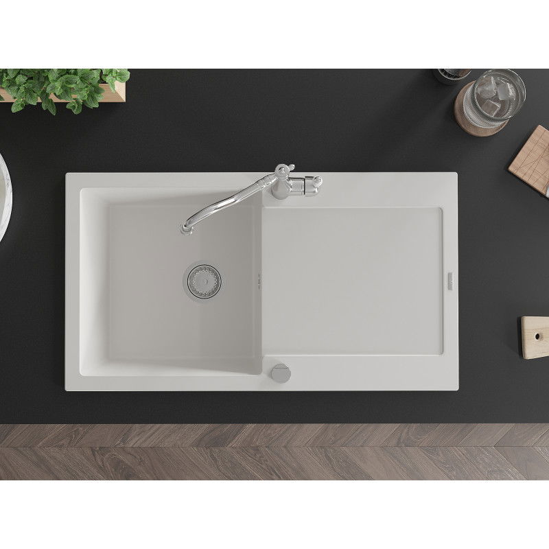Mexen Leo granitový drez 1-komorový s odkvapkávačom a kuchynskou batériou Carla, biely - 6501-20-670700-00