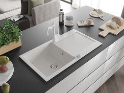 Mexen Leo žulový drez 1-komorový s odkvapkávačom a kuchynskou batériou Carla, biela - 6501-20-670700-20