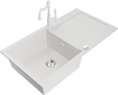 Mexen Leo žulový drez 1-komorový s odkvapkávačom a kuchynskou batériou Carla, biela - 6501-20-670700-20