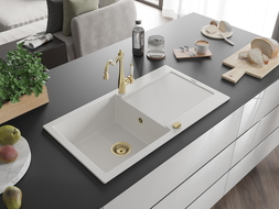 Mexen Leo žulový drez 1-komorový s odkvapkávačom a kuchynskou batériou Carla, biely - 6501-20-670700-50