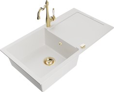 Mexen Leo žulový drez 1-komorový s odkvapkávačom a kuchynskou batériou Carla, biely - 6501-20-670700-50