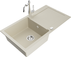 Mexen Leo žulový kuchynský drez 1-komorový s odkvapkávačom a kuchynskou batériou Carla, béžový - 6501-69-670700-00