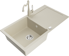 Mexen Leo granitový drez 1-komorový s odkvapkávačom a kuchynskou batériou Carla, béžový - 6501-69-670700-69