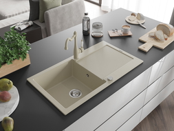 Mexen Leo granitový drez 1-komorový s odkvapkávačom a kuchynskou batériou Carla, béžový - 6501-69-670700-69