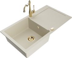 Mexen Leo kuchynský drez 1-komorový s odkvapkávačom a kuchynskou batériou Carla, béžový - 6501-69-670700-50