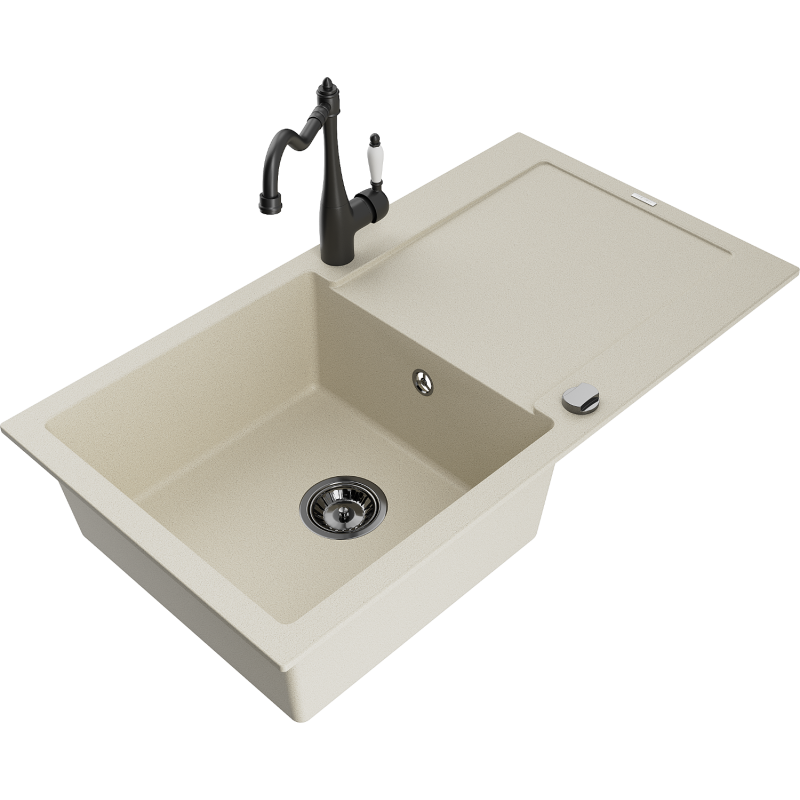 Mexen Leo žulový drez s 1 komorou a odkvapkávacou plochou a kuchynskou batériou Carla, béžový - 6501-69-670700-70
