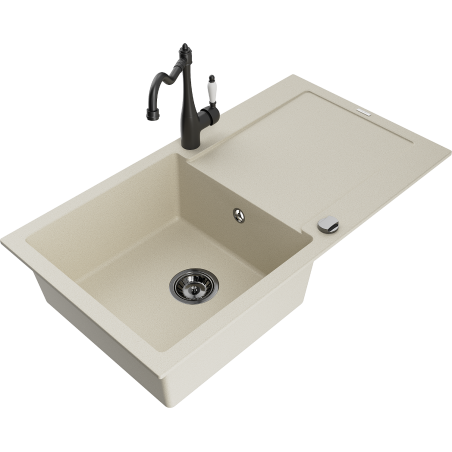 Mexen Leo žulový drez s 1 komorou a odkvapkávacou plochou a kuchynskou batériou Carla, béžový - 6501-69-670700-70
