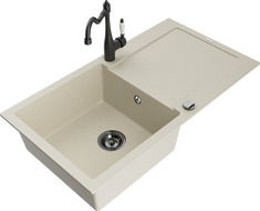 Mexen Leo žulový drez s 1 komorou a odkvapkávacou plochou a kuchynskou batériou Carla, béžový - 6501-69-670700-70