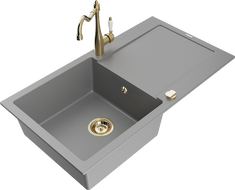 Mexen Leo granitový drez 1-komorový s odkvapkávačom a kuchynskou batériou Carla, sivý - 6501-71-670700-50