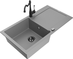 Mexen Leo žulový kuchynský drez s jednou komorou, odkvapkávačom a kuchynskou batériou Carla, sivý - 6501-71-670700-70-B