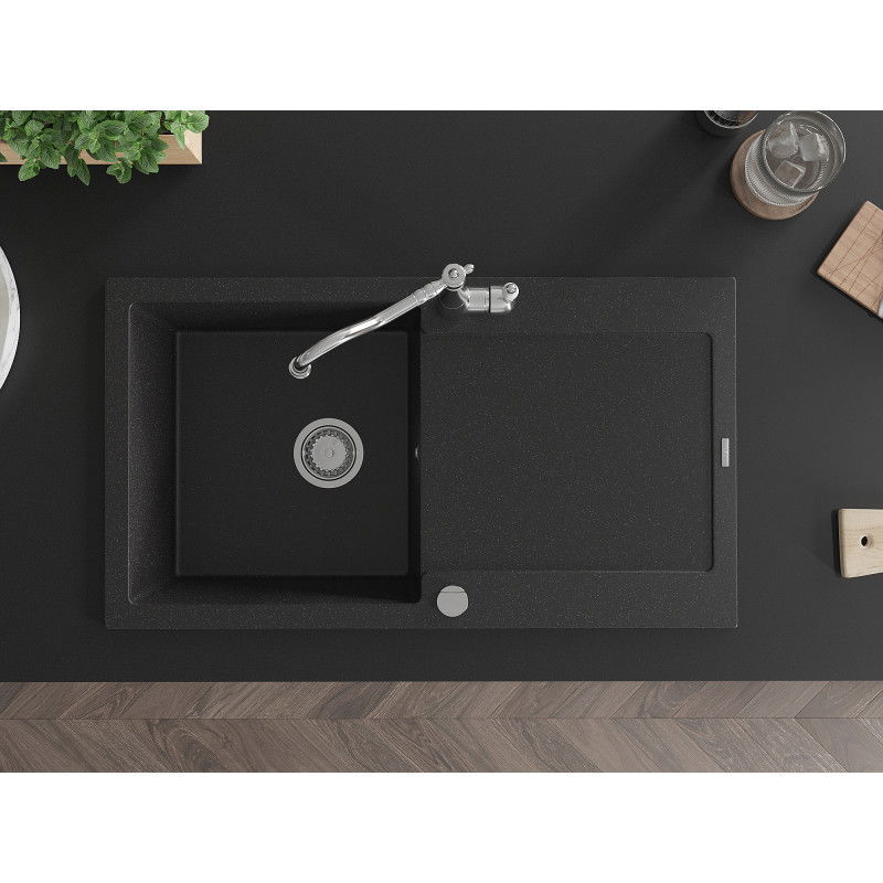 Mexen Leo granitový drez s 1-komorou, odkvapkávacou plochou a kuchynskou batériou Carla, čierny/strieborný metalický