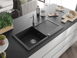Mexen Leo granitový drez s 1-komorou, odkvapkávacou plochou a kuchynskou batériou Carla, čierny/strieborný metalický