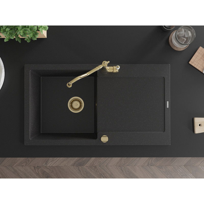 Mexen Leo granitový drez 1-komorový s odkvapkávačom a kuchynskou batériou Carla, čierny/strieborný metalik - 6501-73-670700-50