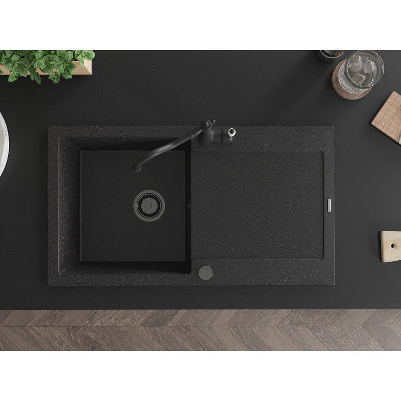 Mexen Leo žulový drez s 1 komorou, odkvapávačom a kuchynskou batériou Carla, čierny/strieborný metalik - 6501-73-670700-70-B