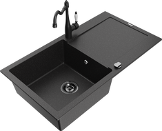 Mexen Leo žulový drez s 1 komorou, odkvapávačom a kuchynskou batériou Carla, čierny/strieborný metalik - 6501-73-670700-70-B